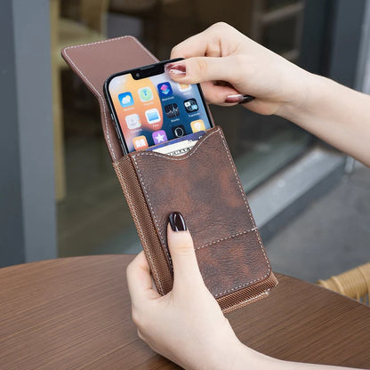 ⚡Big Discount | Waist Belt Cell Phone Pouch 📱 Multi-Pocket Leather Holster with Card Holder