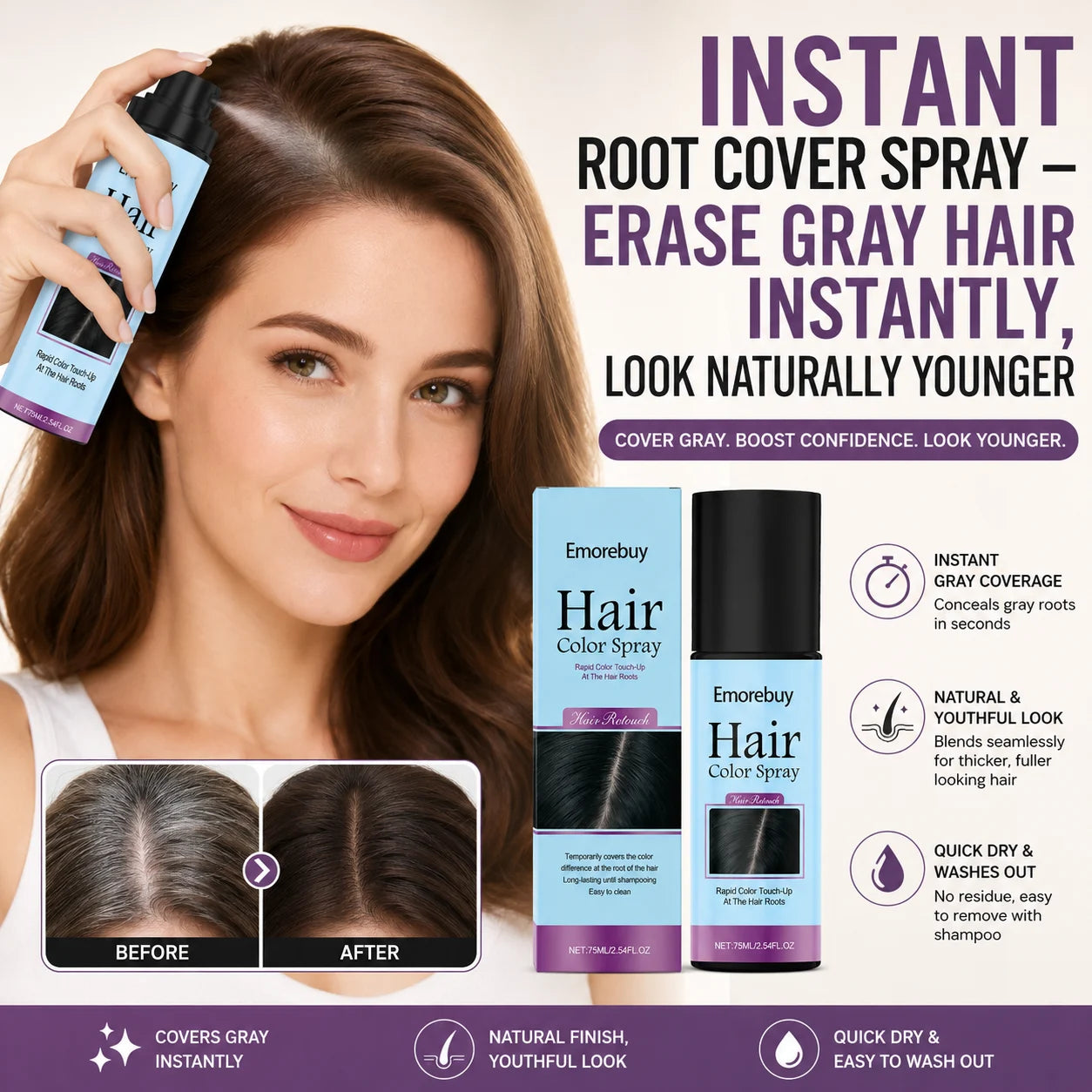 ⚡ Instant Root Cover Spray — Erase Gray Hair Instantly, Look Naturally Younger