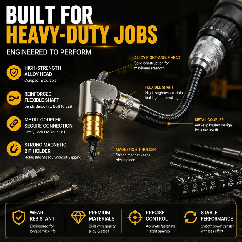 🔧 Flexible 90° Right Angle Drill Attachment – Tight Space Driver Adapter